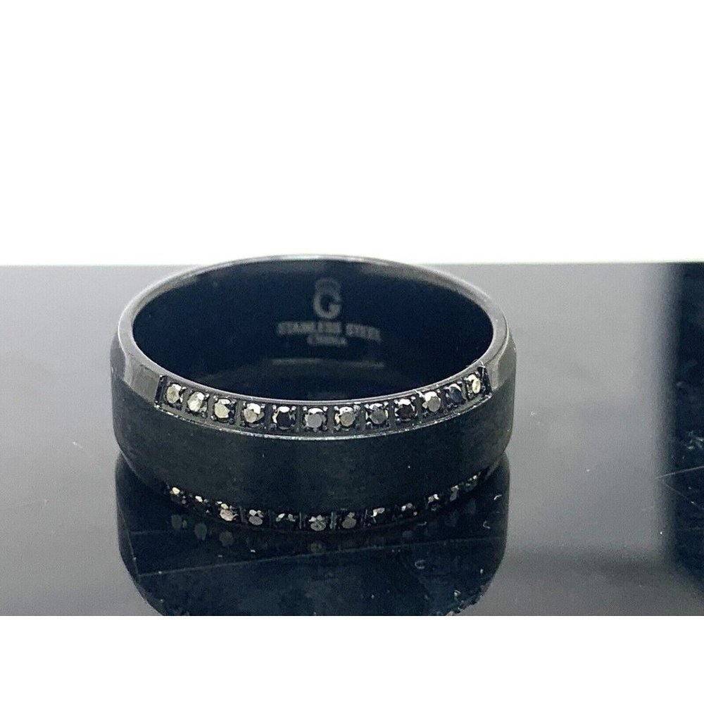 Men's Wedding Band Black Gemstones Stainless Steel 8mm Wide Ring Size 11